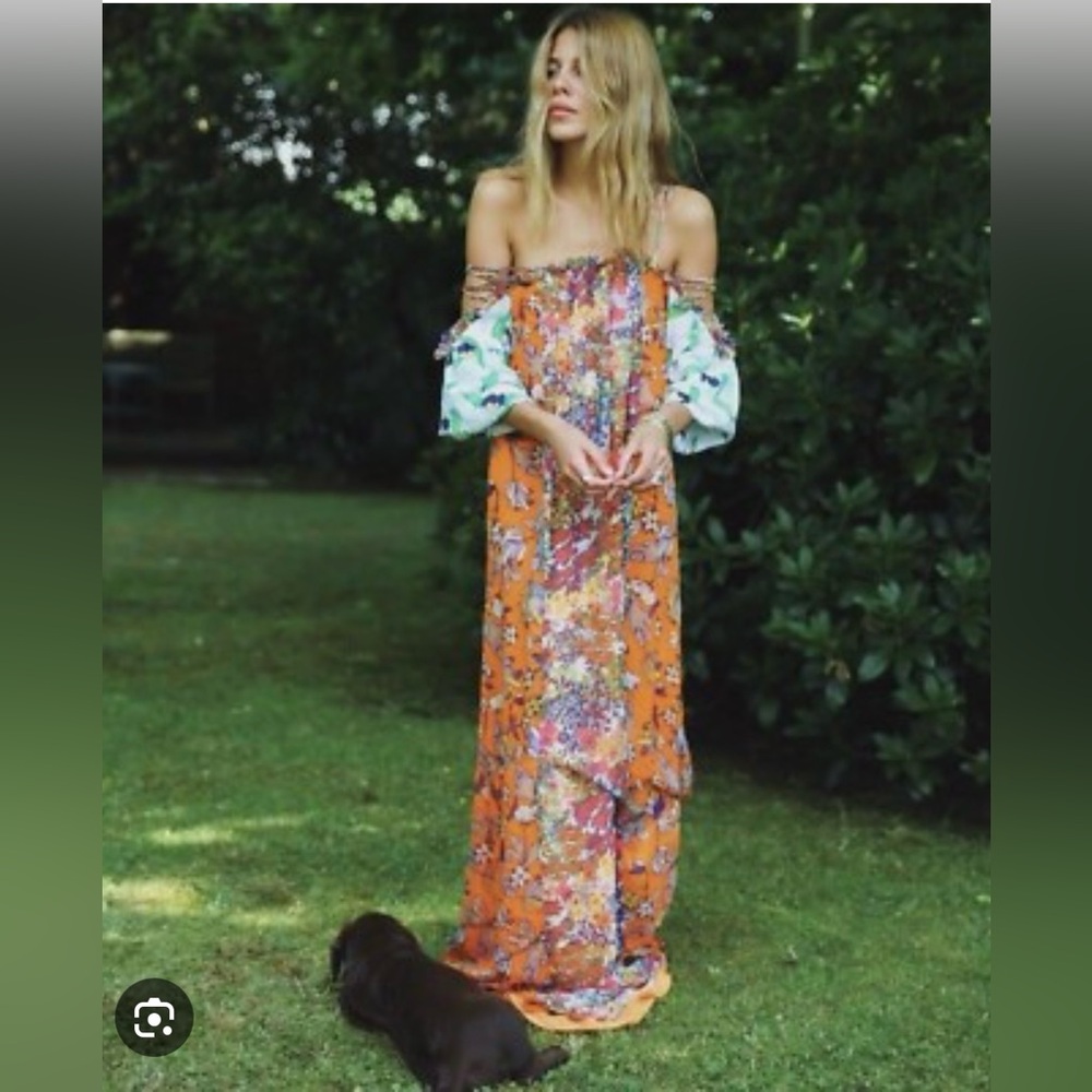 TORY BURCH Shasta green white contrast floral silk cold shoulder maxi dress